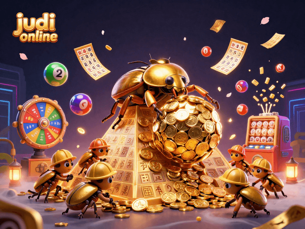 Experience judi bola online excitement with animated beetles and colorful casino elements in a vibrant scene.