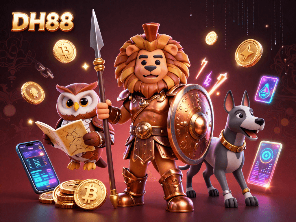 Join the exciting world of DH88 with our stunning digital illustration showcasing a Spartan lion, owl strategist, and greyhound messenger in a vibrant casino scene.