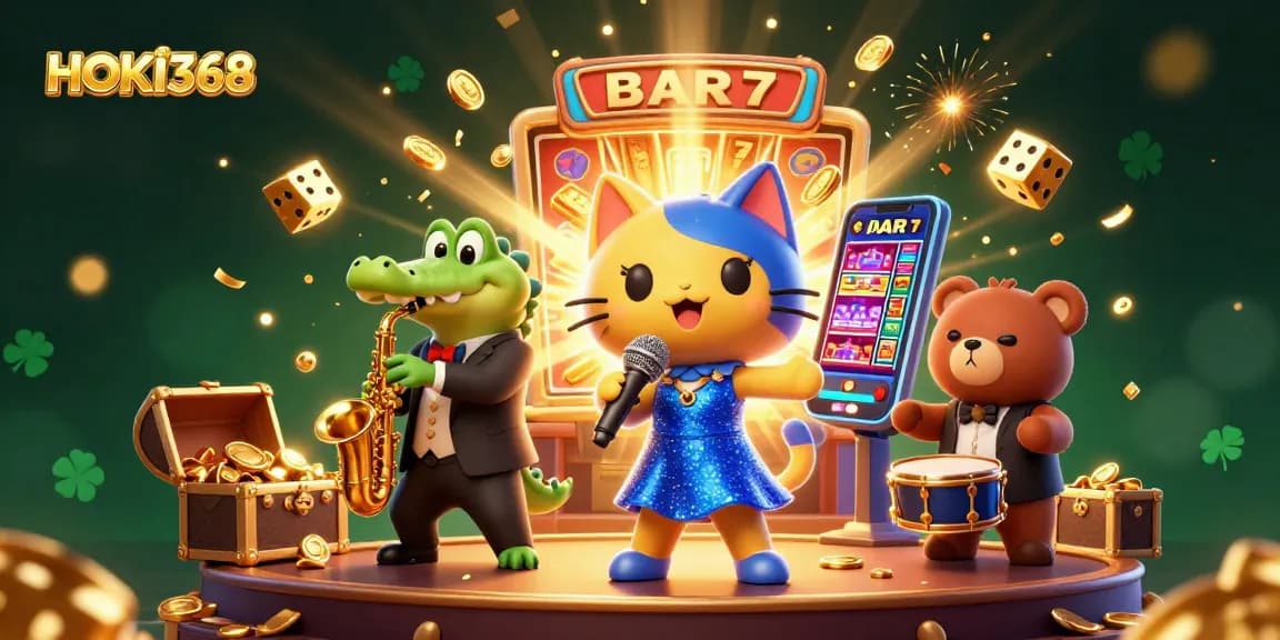 Experience HOKI368's vibrant casino atmosphere with a jazz-singer cat and friends winning big!