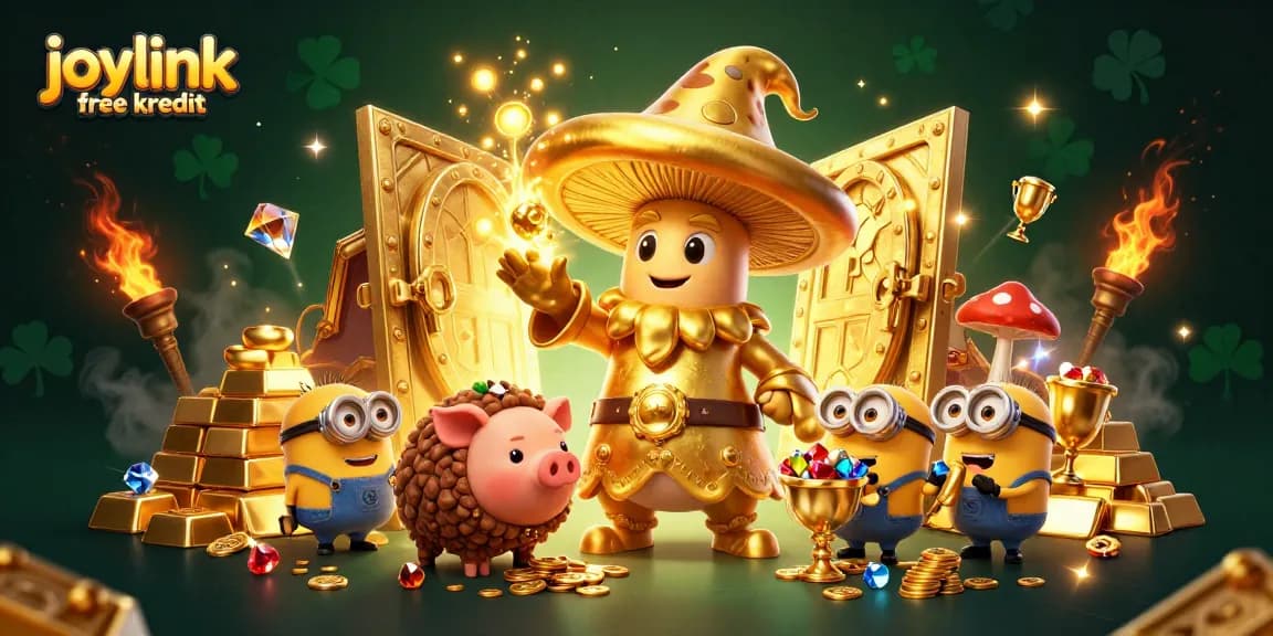 Get joylink free kredit with a vibrant scene showcasing gambling and treasure elements.