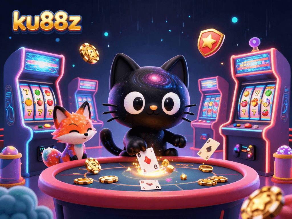 Play thrilling games at ku88z with a cosmic cartoon cat and nebula fox in a vibrant casino scene.