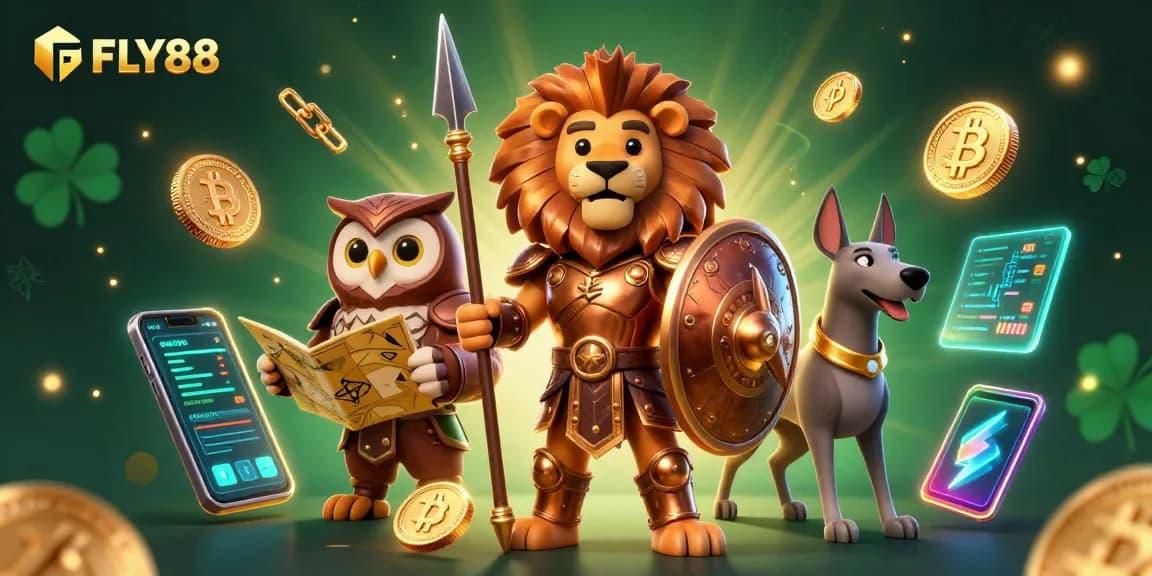 FLY88 promotional scene showcasing a heroic Spartan lion, savvy owl strategist, and messenger greyhound amidst vibrant digital casino elements.