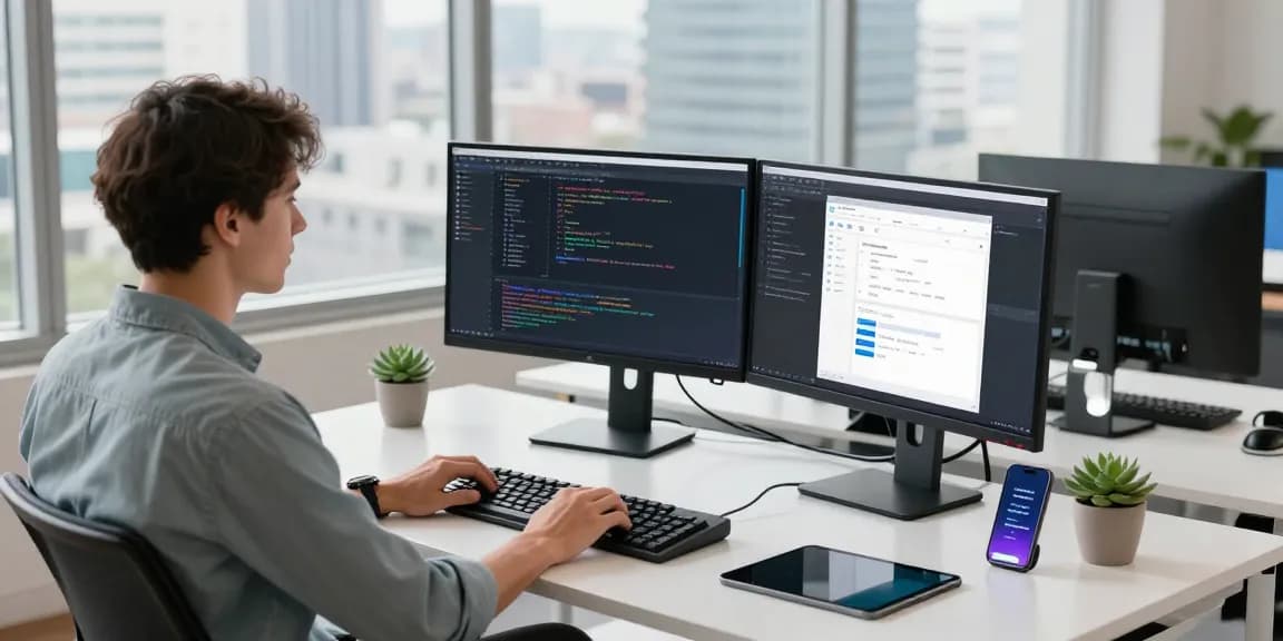 Developer working in a bright tech workspace showcasing crushon ia app interface and coding environment