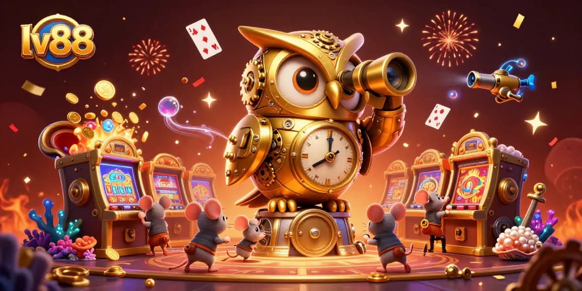 Experience immersive gaming at lv88 with a golden owl on a casino floor amidst vibrant treasures.