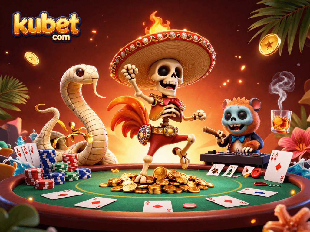 Experience the thrilling world of kubet com with a festive scene featuring a dancing skeleton, mummy snake, and DJ hamster