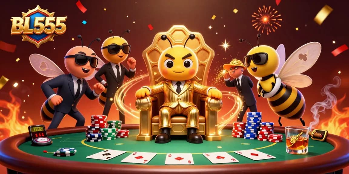 Engage with thrilling poker action at BL555, featuring a lively scene with cartoon characters and vibrant game elements.