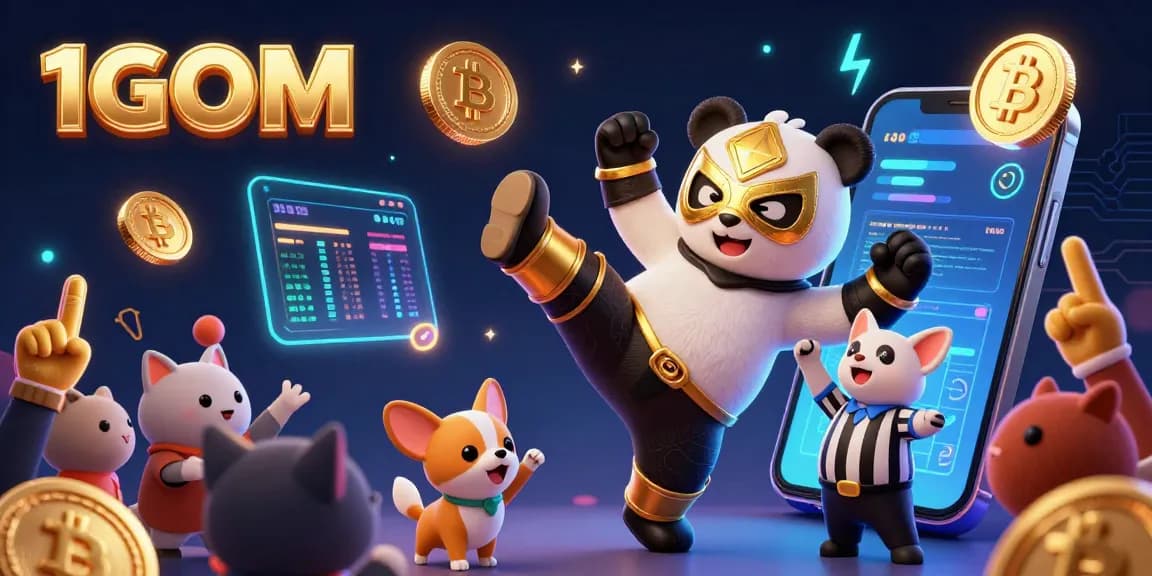 Engage with thrilling sports betting at 1GOM, featuring a dynamic panda wrestler and chihuahua referee cheering enthusiasts.