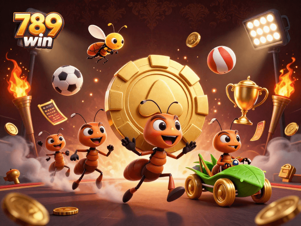Experience the excitement of 789win with a vibrant 3D illustration of ants in a heist with golden poker chips.