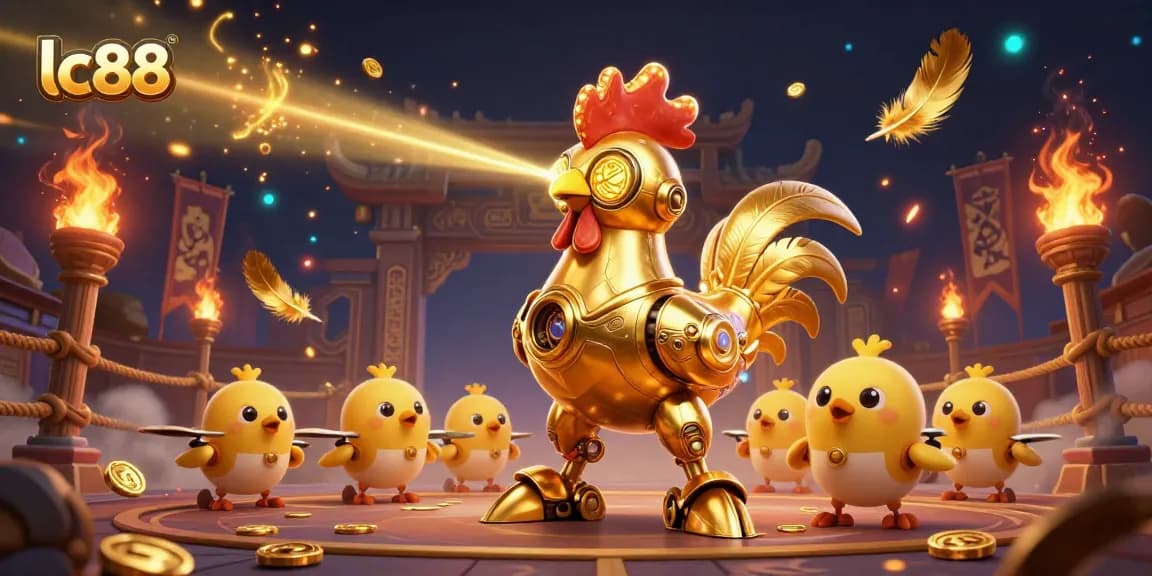 lc88 players winning big with a golden rooster robot in an energetic casino arena