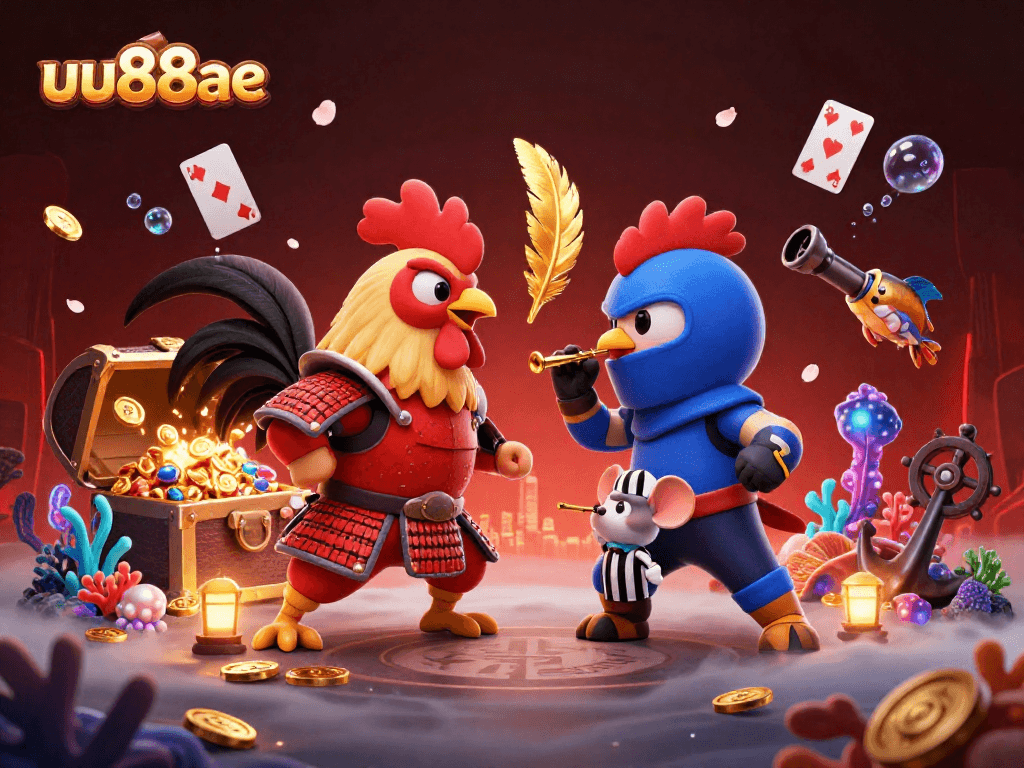 Experience thrilling roosters duel in the uu88ae casino, rich in gold and vibrant detail.