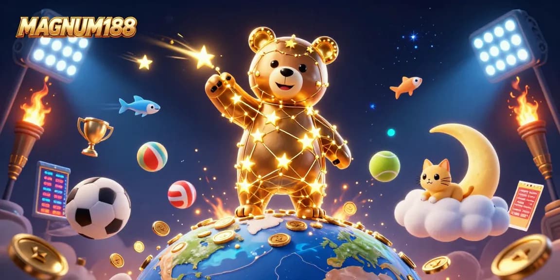 Experience MAGNUM188's exciting gaming world with a celestial bear and vibrant casino elements.