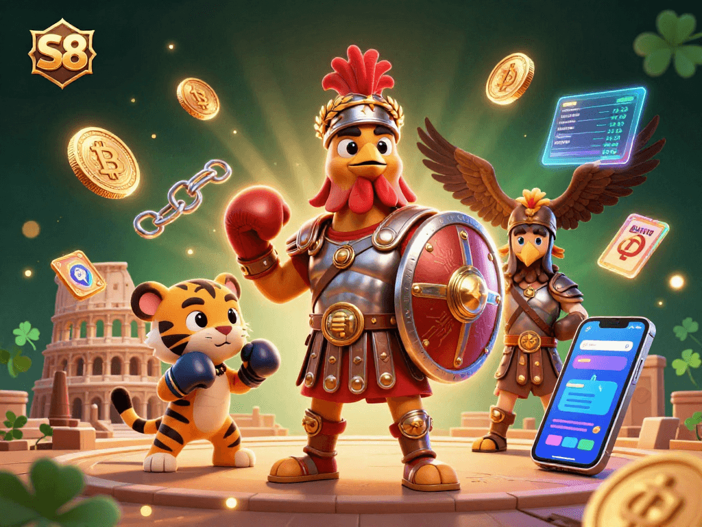Experience S8 casino excitement with a triumphant rooster in a vibrant gaming arena.