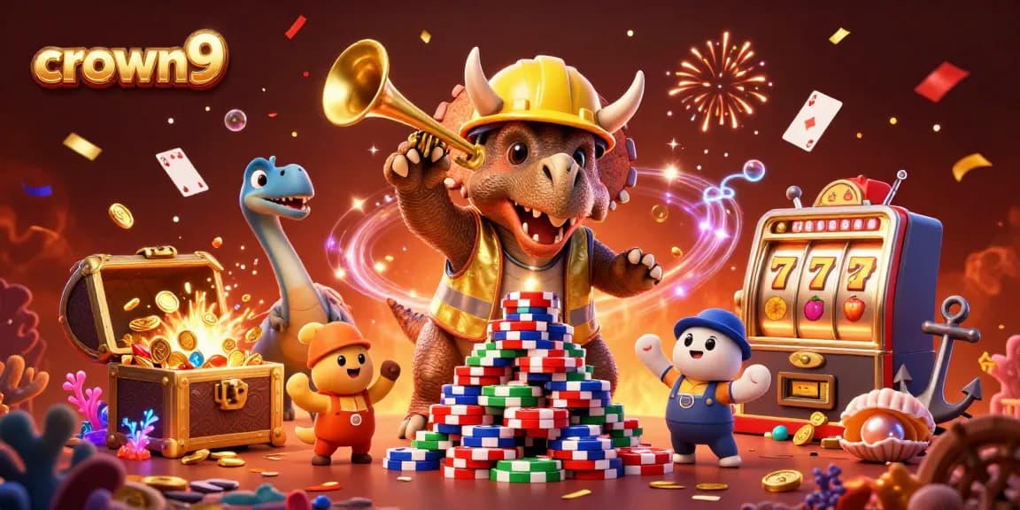 crown9 players cheering as a triceratops builds poker chips with a celebratory parasaurolophus in a vibrant scene.