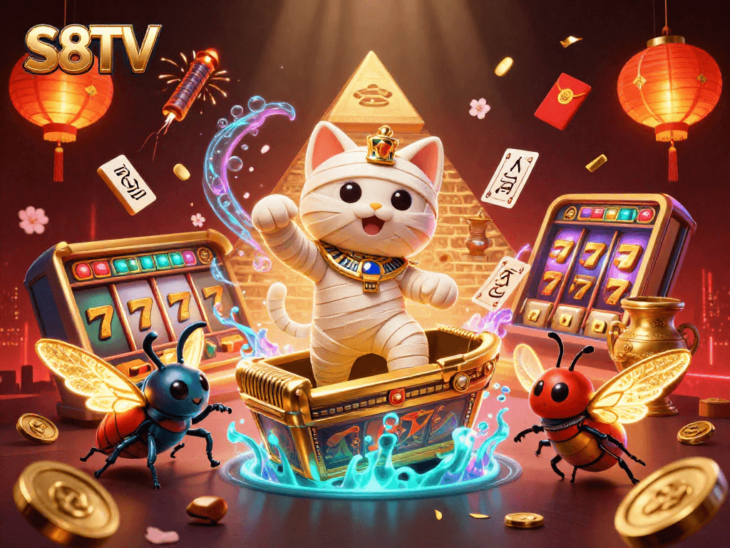 Experience thrilling gameplay with S8TV featuring a mummy cat in a vibrant casino scene.