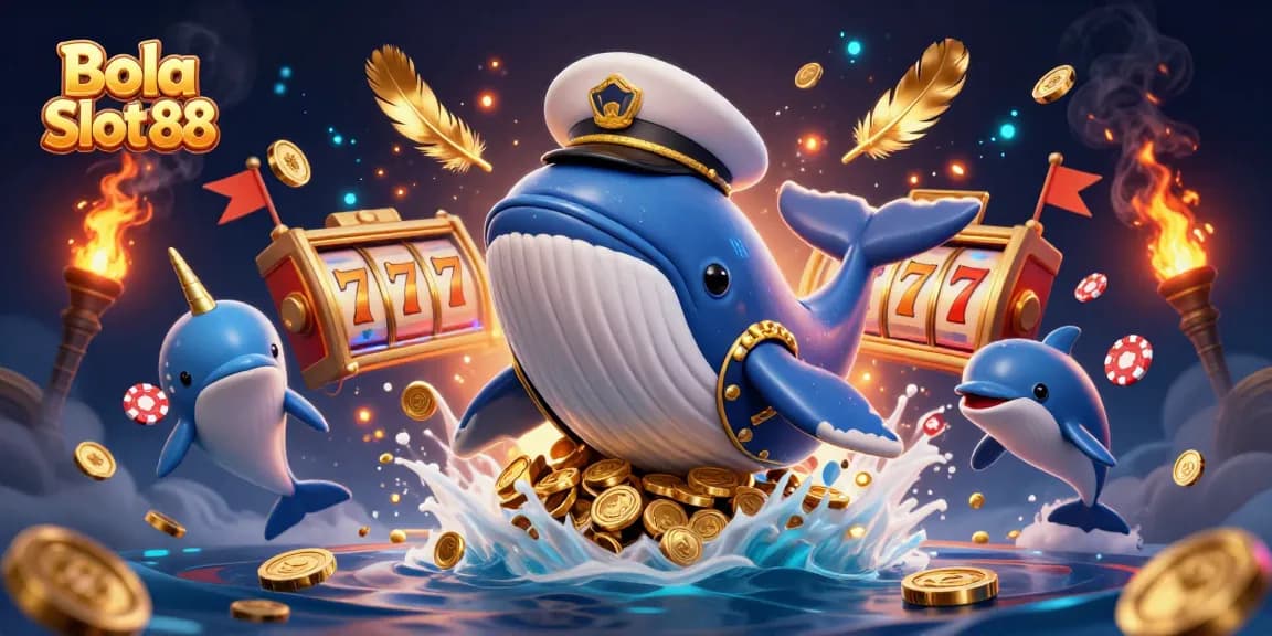 Win big with Bola Slot 88 in this vibrant 3D casino scene featuring whimsical characters and slots.