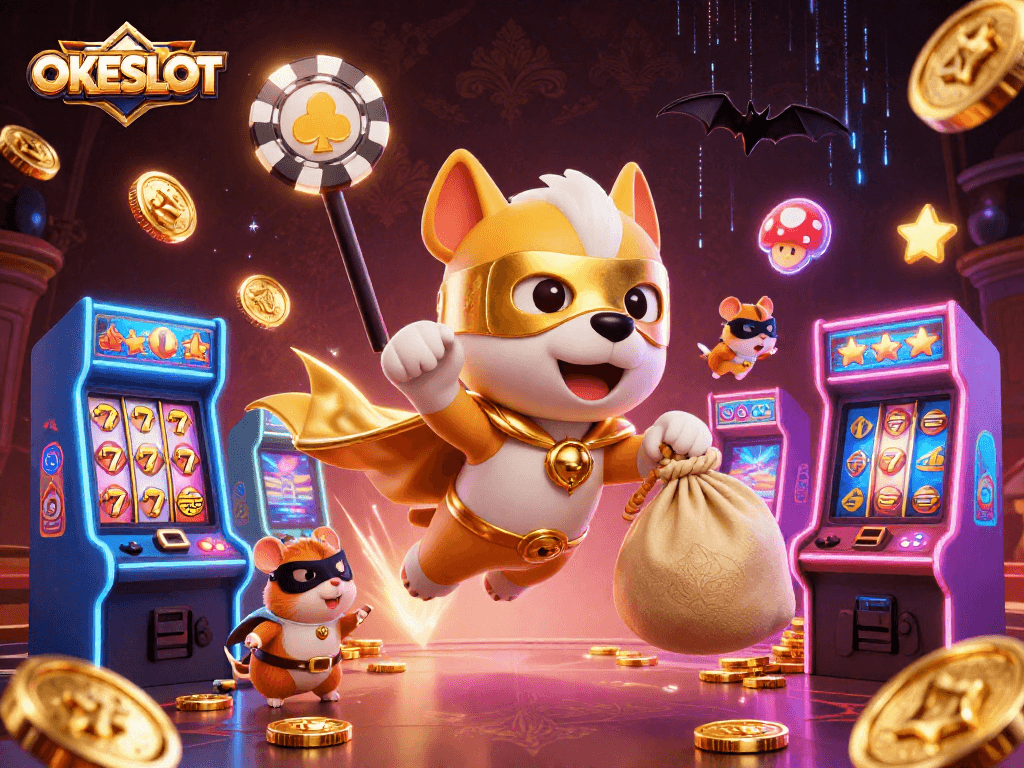 OKESLOT menghadirkan keseruan bermain slot dengan superhero anjing dan teman hamster.