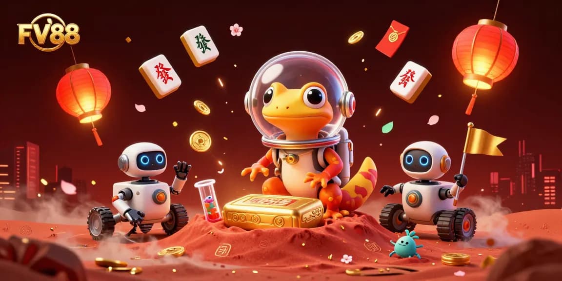 Experience FV88 with a vibrant Martian gecko discovering a golden casino in a dynamic 3D scene