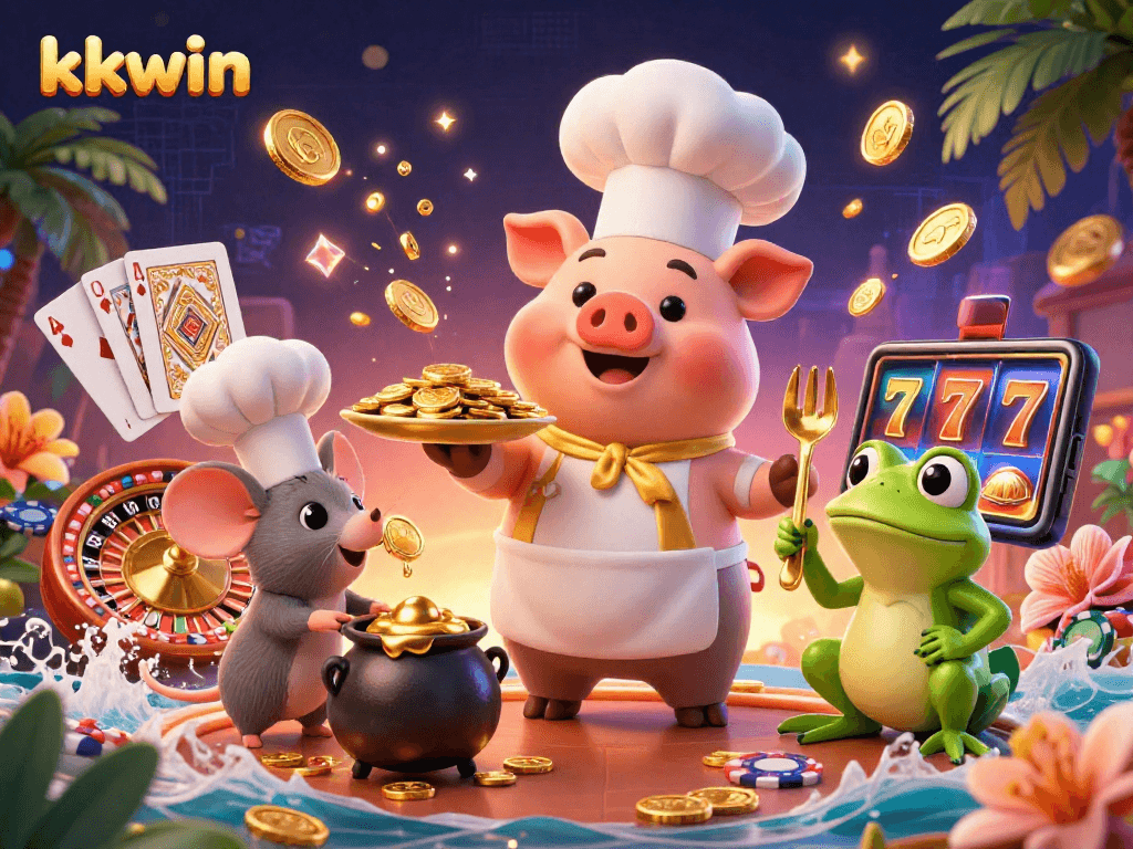 Experience kkwin's vibrant casino scene with cartoon characters enjoying gold coins and rich gambling elements.