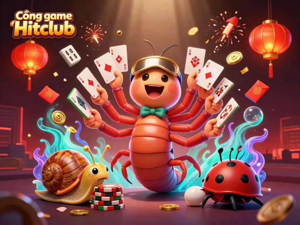 Cổng game Hitclub features a lively scene with a dealer, a high-roller snail, and a thrilled pill bug amidst vibrant casino elements.