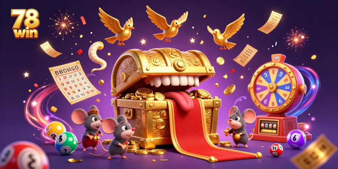 Experience the thrill of winning with 78 win, surrounded by a vibrant 3D casino scene filled with lottery excitement.
