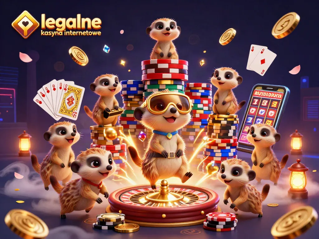 Cascade golden coins and colorful poker chips surround meerkats in a vibrant casino scene showcasing legalne kasyna internetowe.