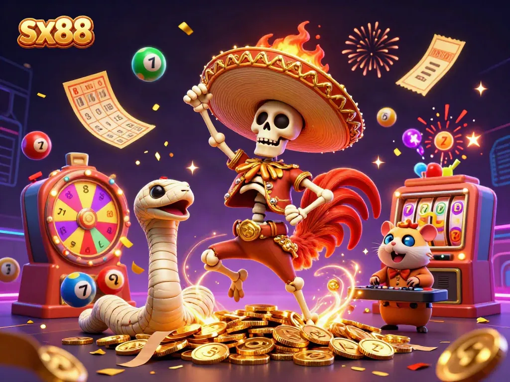 SX88 casino celebration scene with a mariachi rooster, mummy snake, and DJ hamster amidst vibrant gambling elements