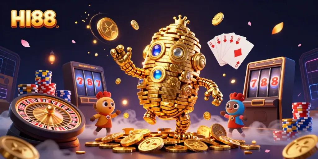 Experience the dynamic world of HI88, featuring a golden golem amidst sparkling casino elements.