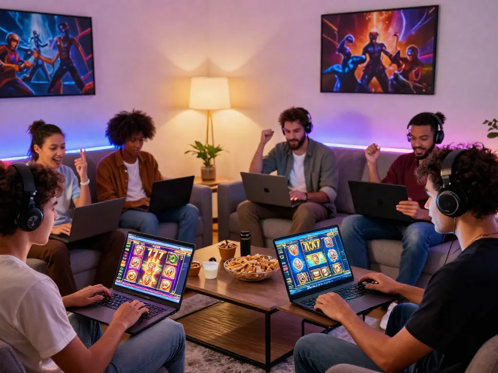 Diverse gamers enjoying slot777 games in a cozy living room with vibrant visuals and snacks.