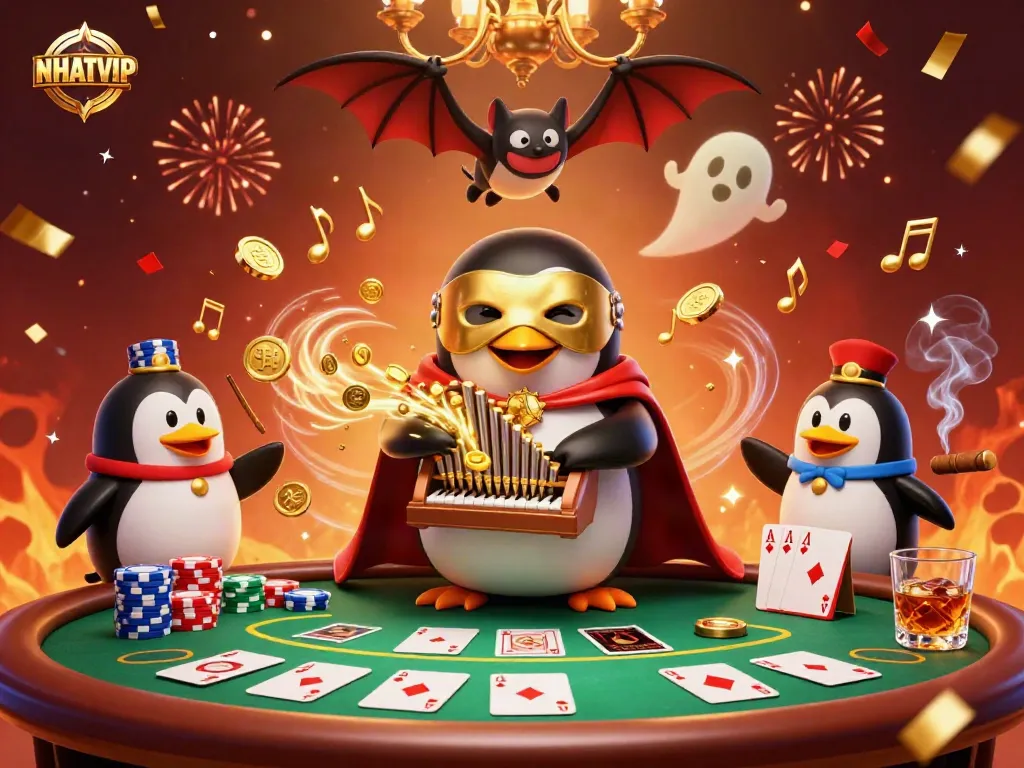 Experience NHATVIP's vibrant casino energy with a golden organ-playing penguin, bat acrobat, and swirling confetti.