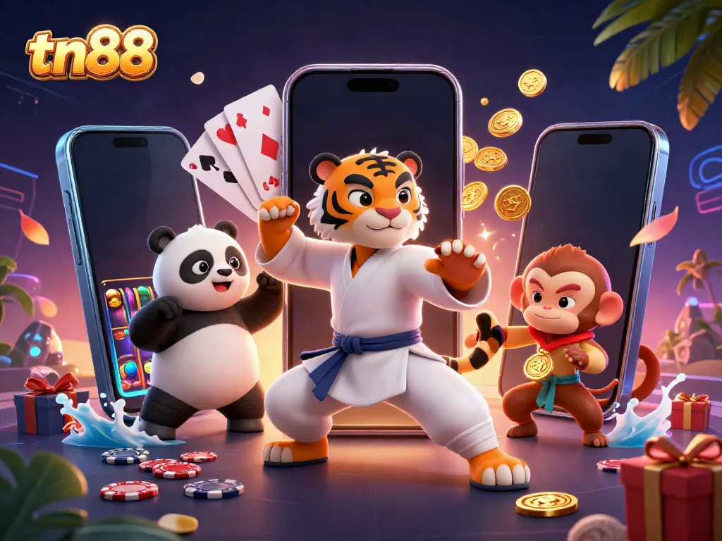 Win with tn88 in this vibrant 3D casino scene featuring playful characters and exciting game elements.