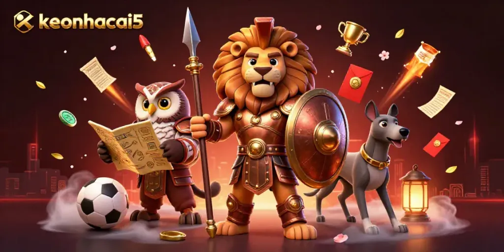 Engage in betting strategies with keonhacai5 illustrated in a vibrant scene featuring a Spartan lion and sports elements.