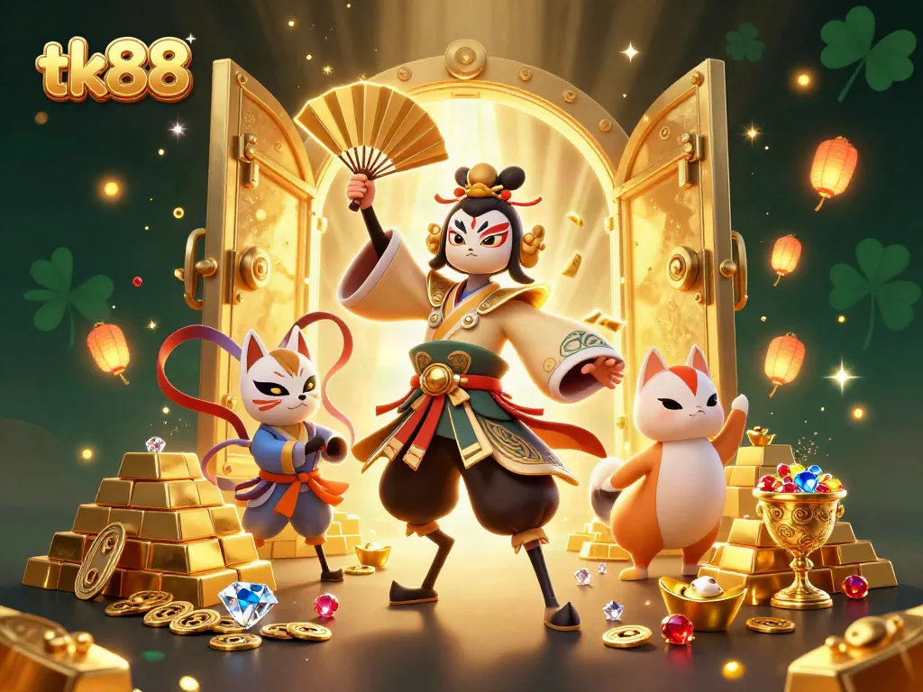 Experience the excitement of tk88 with a vibrant casino scene featuring gaming riches and animated characters.
