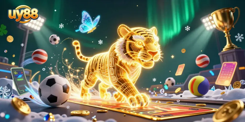 Experience the excitement of uy88 at a vibrant casino scene with a glowing golden tiger.