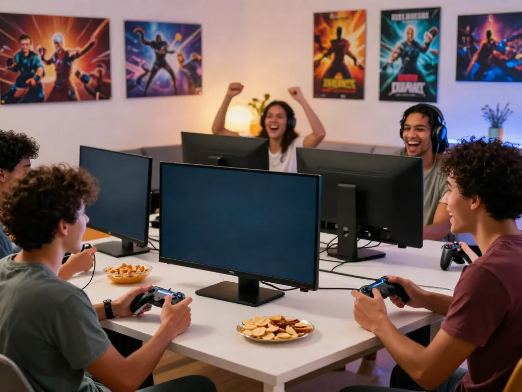 Kilat404 gaming experience with friends enjoying video games in a cozy living room.