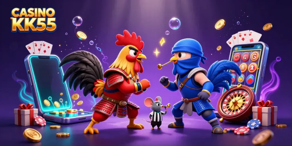 Experience the thrill of CASINO KK55 with twin fighting roosters and vibrant gaming elements.