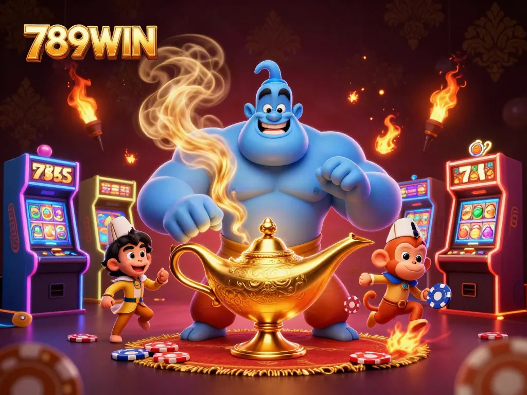 Immerse in 789WIN's vibrant casino world featuring a genie and gaming extravaganza.
