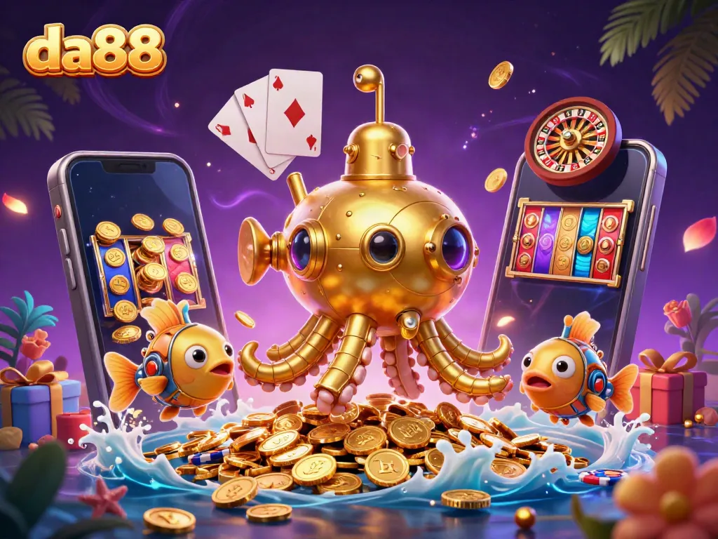 Experience exciting gaming with da88 featuring a unique kraken submarine, vibrant slot games, and golden coins.