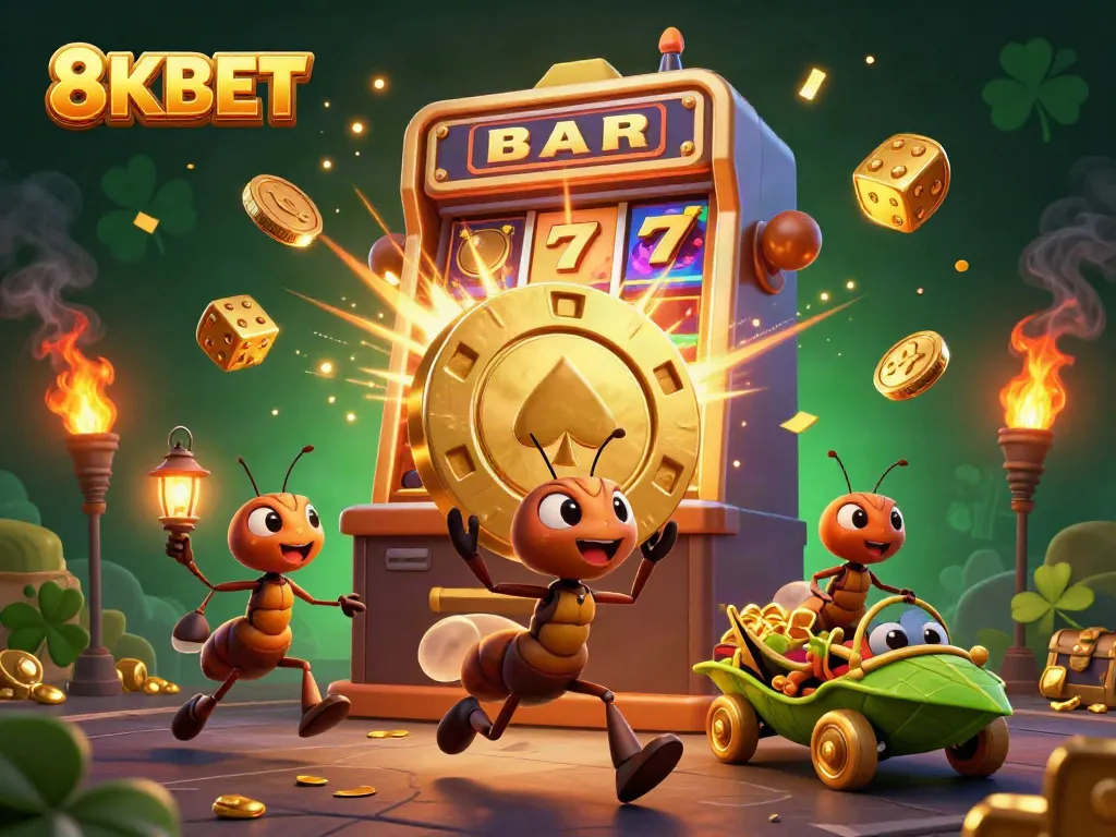 Ants heist with golden poker chip at 8KBET, surrounded by winning casino elements.