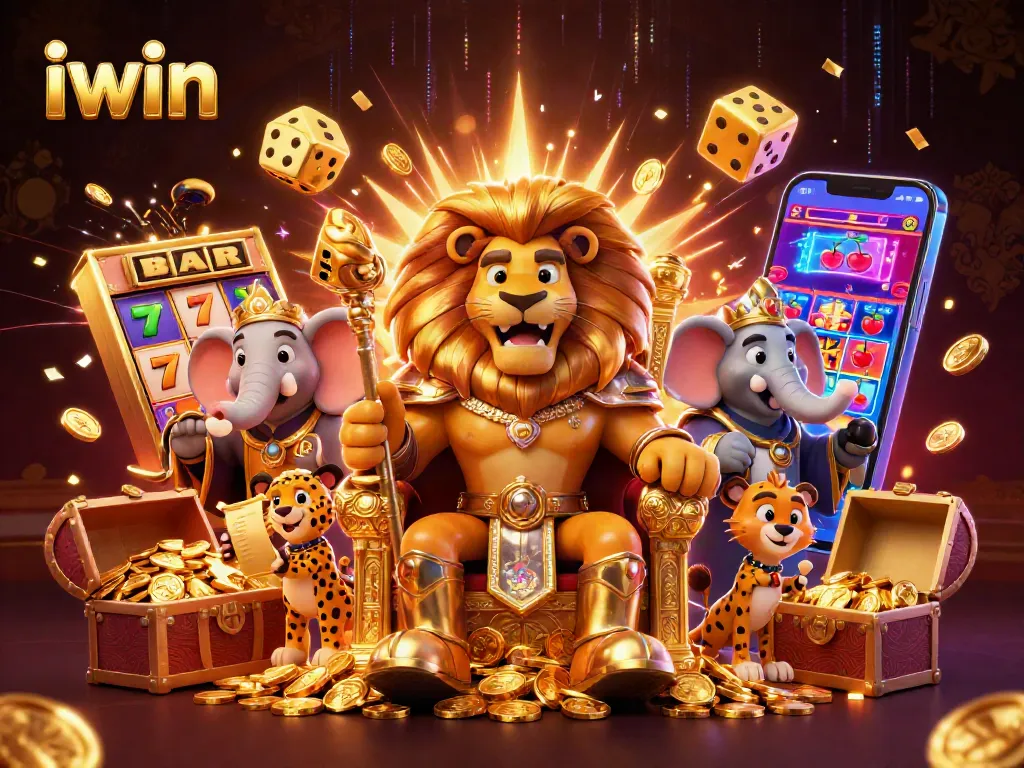 Engage with iwin's captivating casino world featuring a lion king, elephant advisor, and jackpot elements.