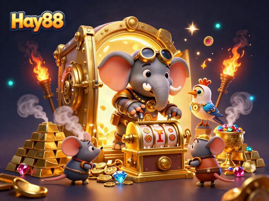 Experience thrilling wins with Hay88's captivating steampunk casino scene filled with treasures.
