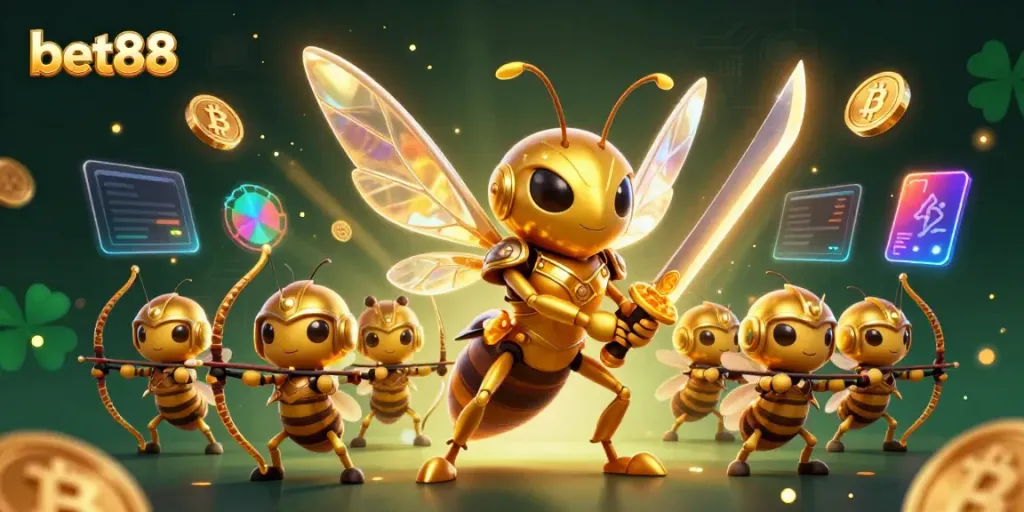 Experience the excitement of bet88 with a vibrant 3D scene showcasing a grand casino environment.