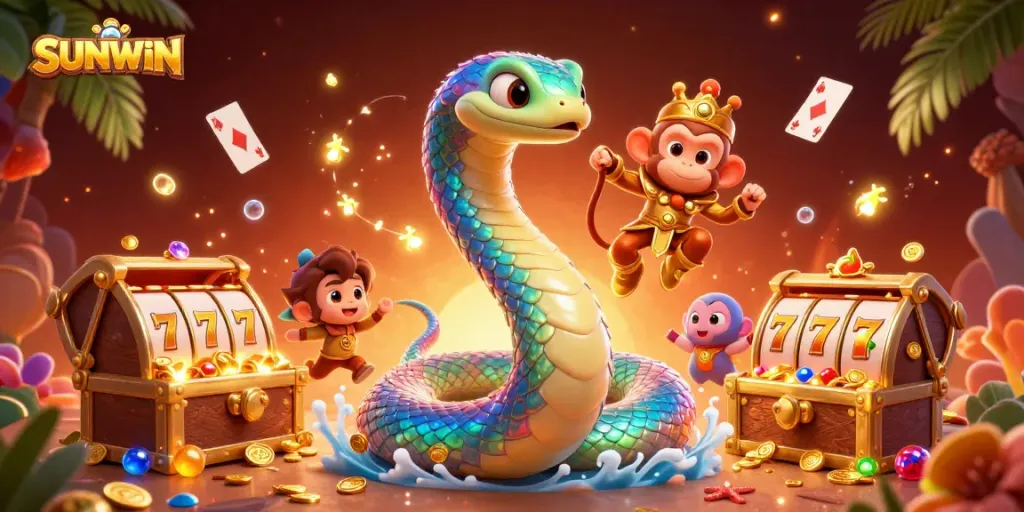 SUNWIN highlights a vibrant casino atmosphere featuring a rainbow serpent and monkey king surrounded by gold coins and slot elements.