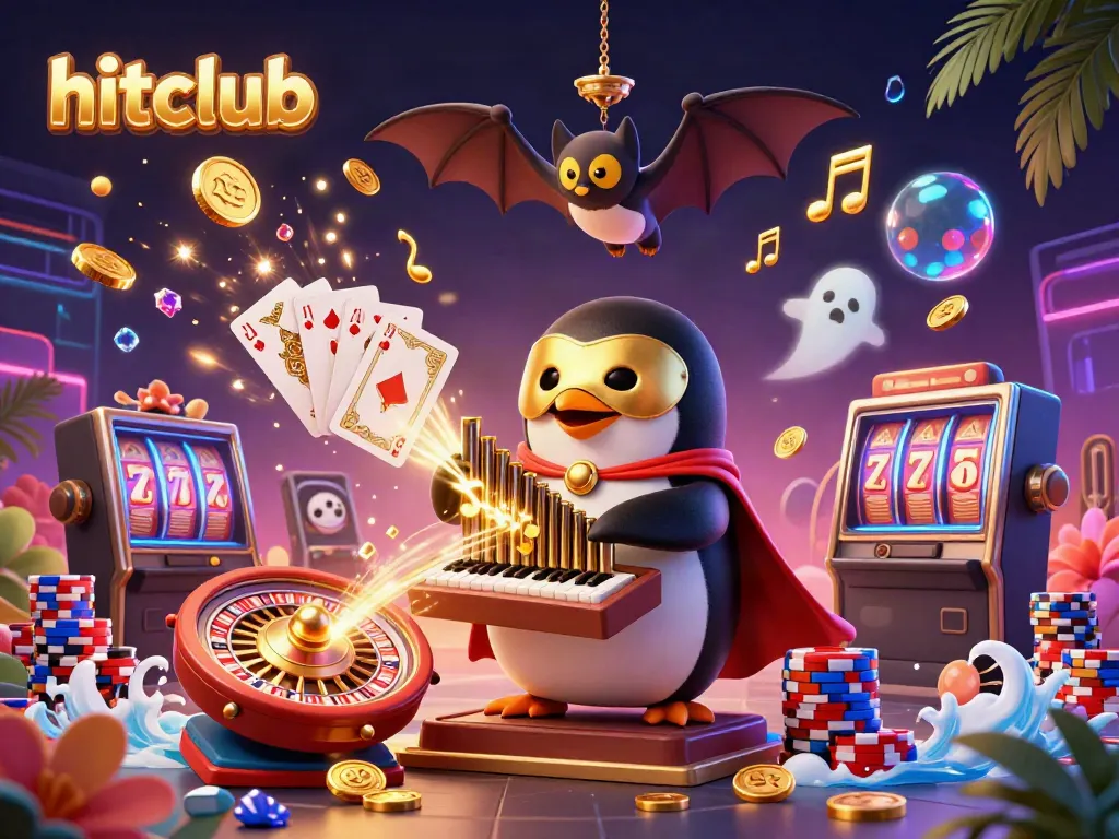 Engage with hitclub immersive gaming as a phantom penguin plays a golden organ surrounded by dazzling casino elements.