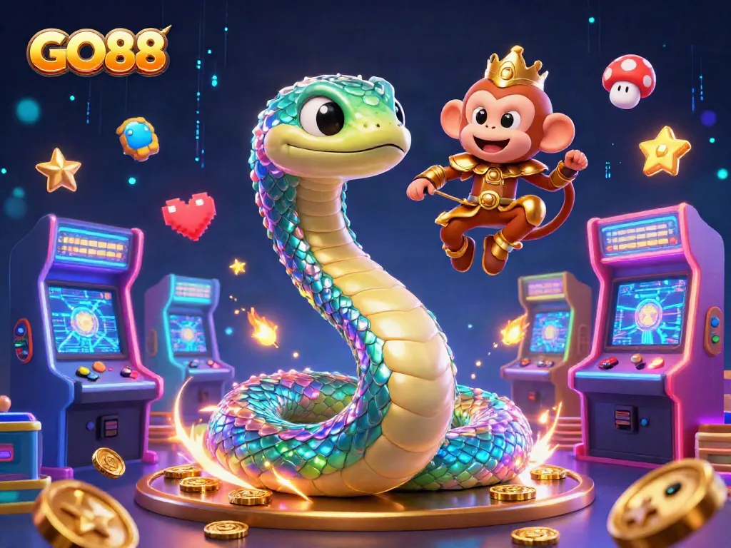 Engage with exciting GO88 gaming adventures featuring a vibrant rainbow serpent and playful characters.