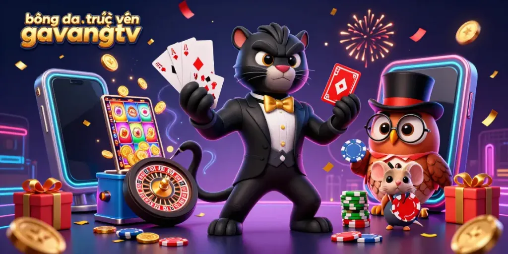 Engage with bóng đá trực tuyến gavangtv through an animated casino scene featuring a stylish black panther and friends.