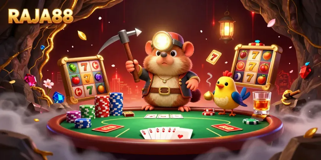 Engage with RAJA88's vibrant slot gaming experience featuring an adventurous mole and canary amidst golden treasures.