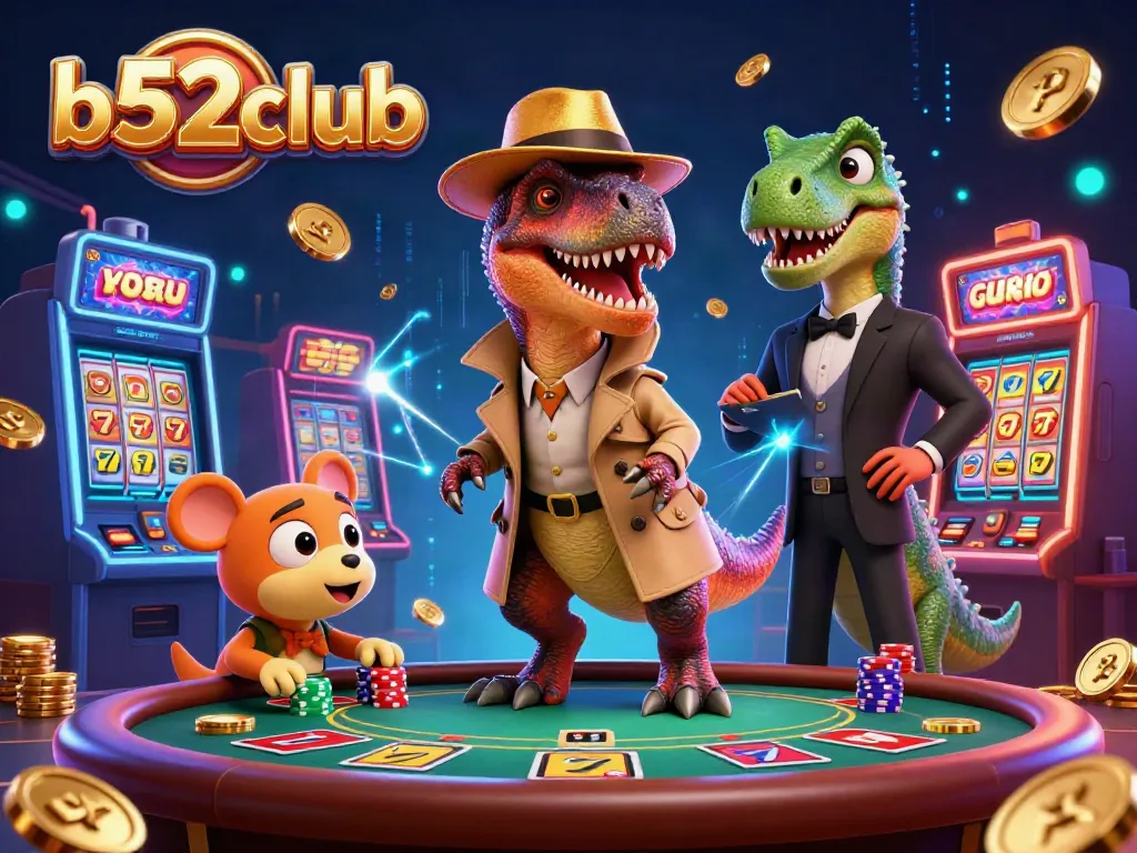 Experience thrilling gameplay at b52club with a cartoon velociraptor card counter and animated casino elements.