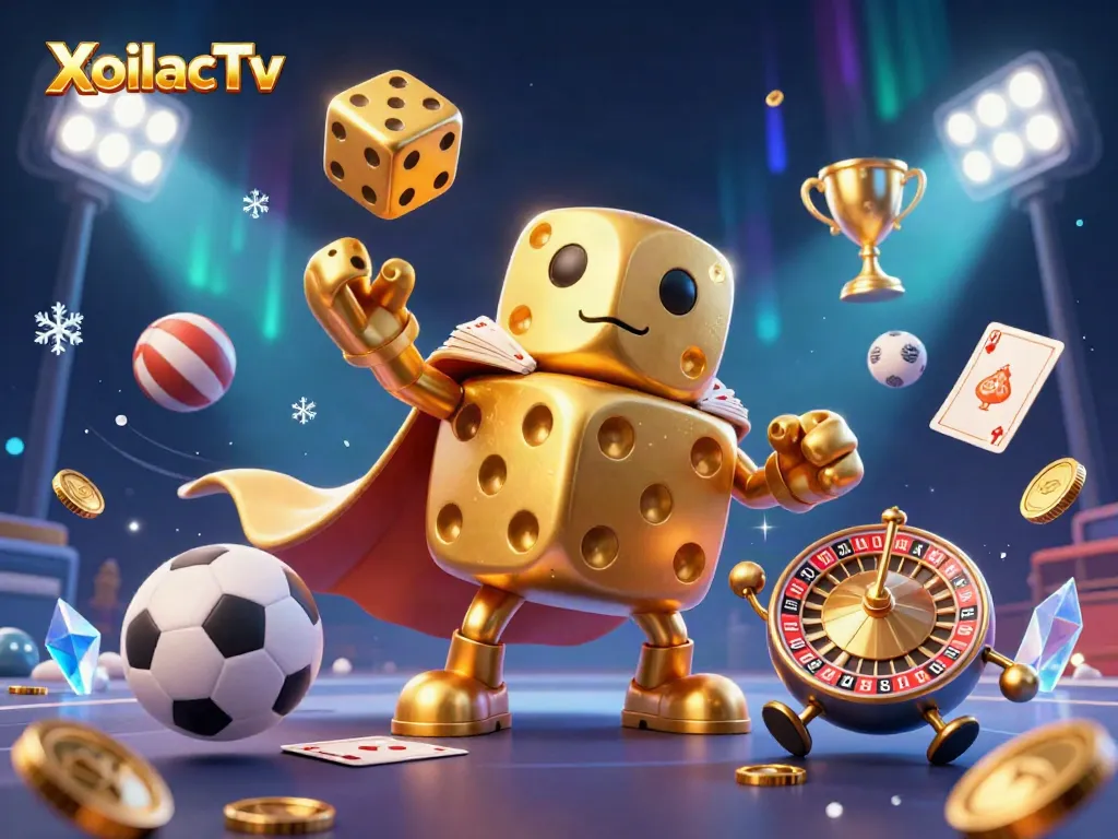 XoilacTv sports betting illustration featuring dynamic elements like golden dice and sports balls.