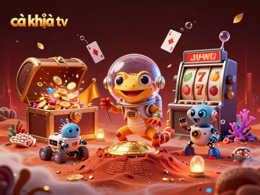 Join the Martian gecko at a golden casino as cà khịa tv celebrates exciting wins amidst vibrant action!