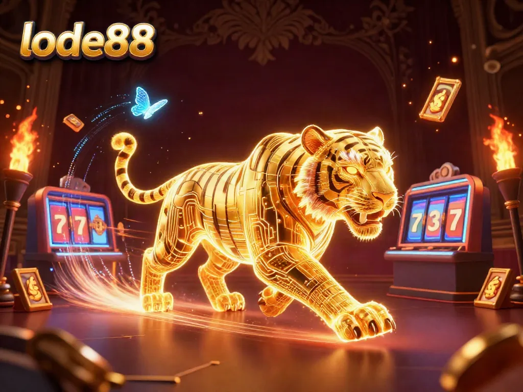 Experience the thrilling lode88 casino adventure with a neon tiger and slot games illuminating the digital landscape.